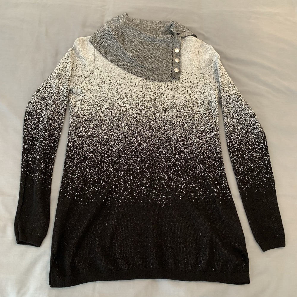 Adrienne Vittadini Sweater Womens Small Black Metallic Cowl Neck Long Tunic Date
